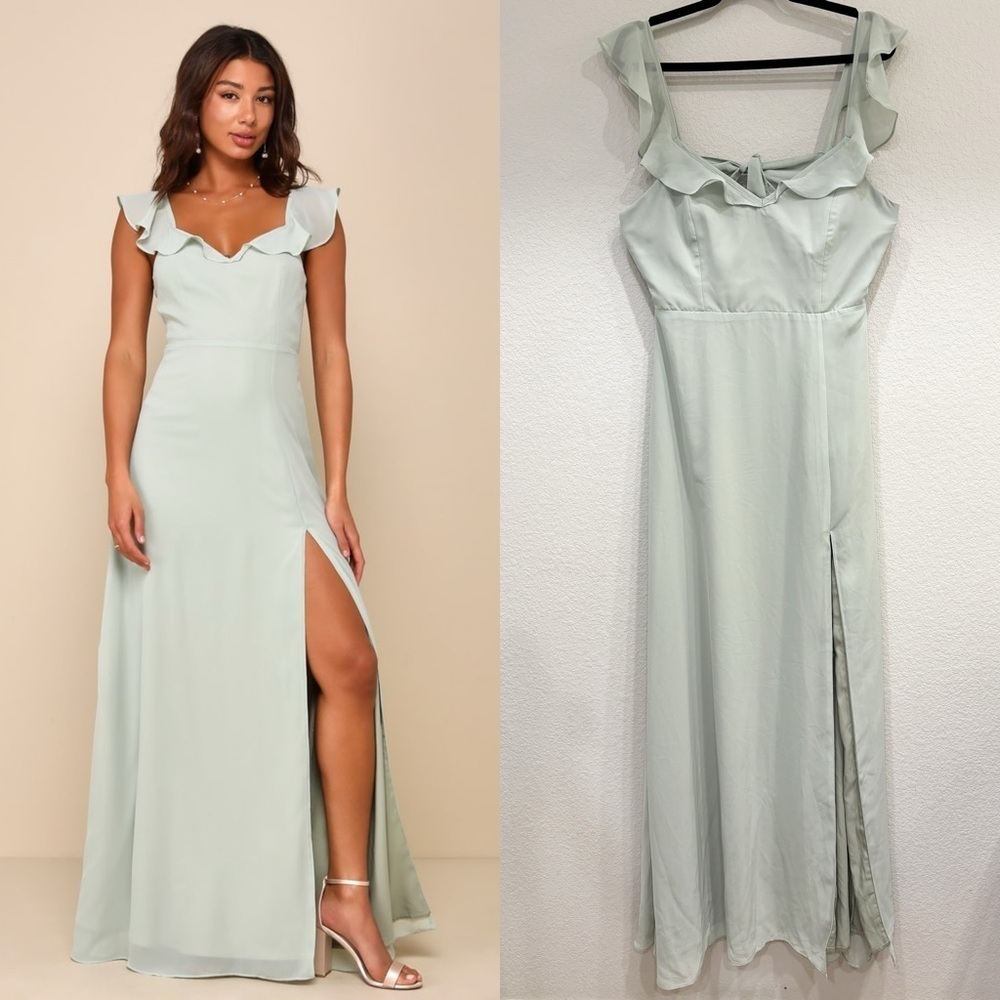 NWOT Lulus Sweetest Entrance Sage Green Ruffled Tie-Back Maxi Dress